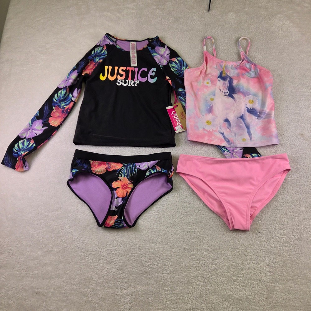 Justice Girls 4-Piece Swimwear Set Rash Guard Tankini Tropical Unicorn 12/14 L/G